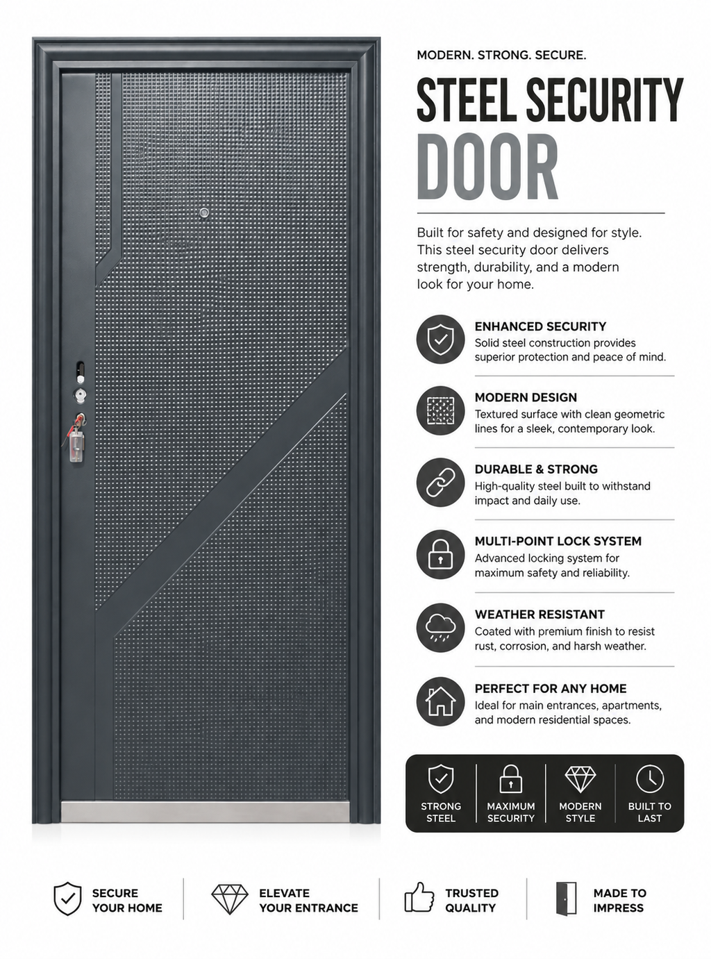 Modern Steel Security Door – Charcoal Gray Geometric Design | F-507