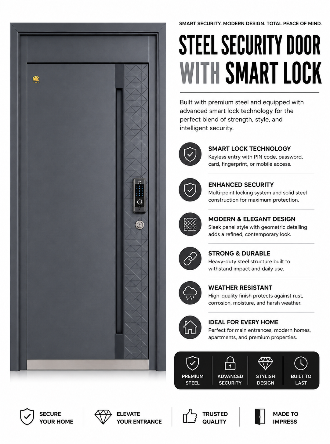 Modern Charcoal Gray Steel Smart Security Door | F-801