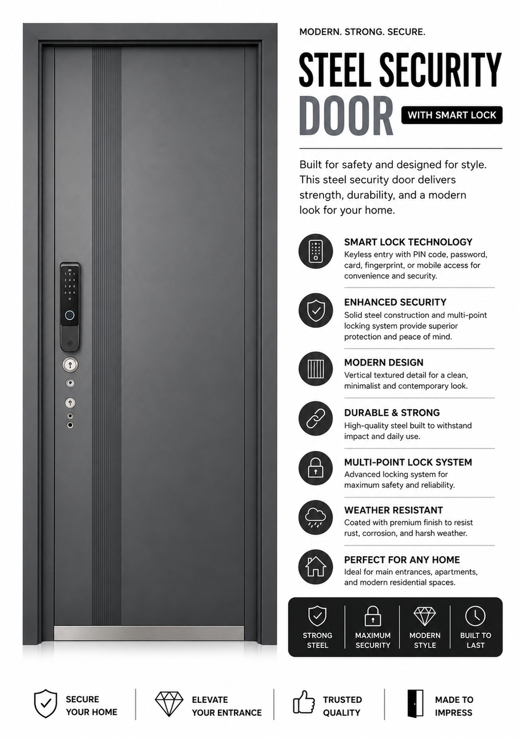 Elegant Charcoal Gray Steel Smart Security Door | F-802