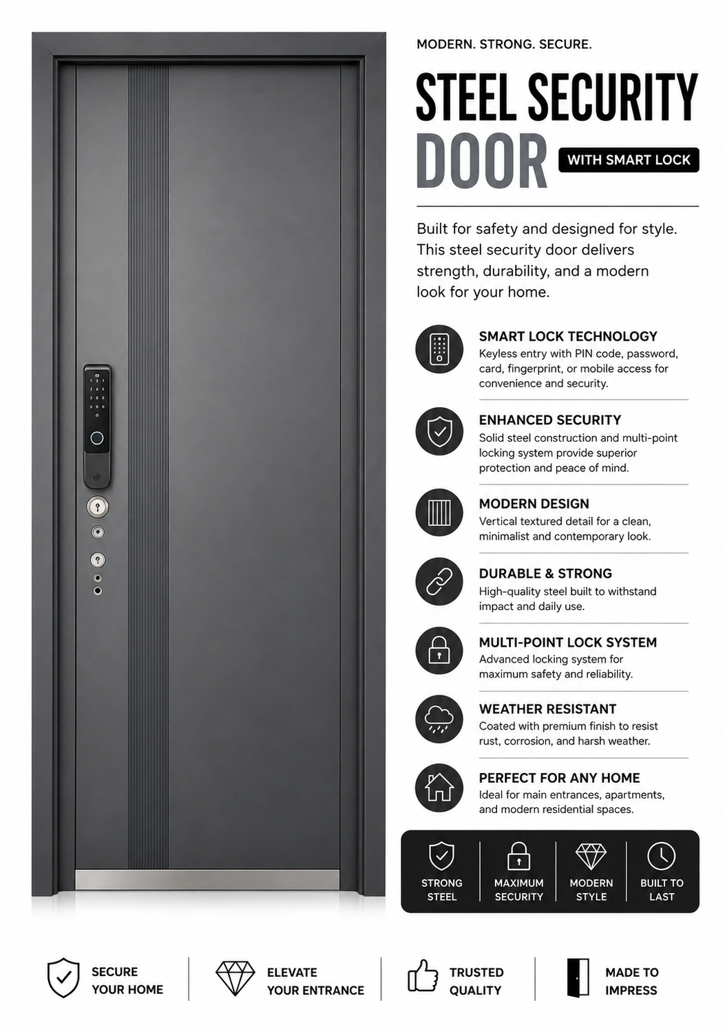 Elegant Charcoal Gray Steel Smart Security Door | F-802